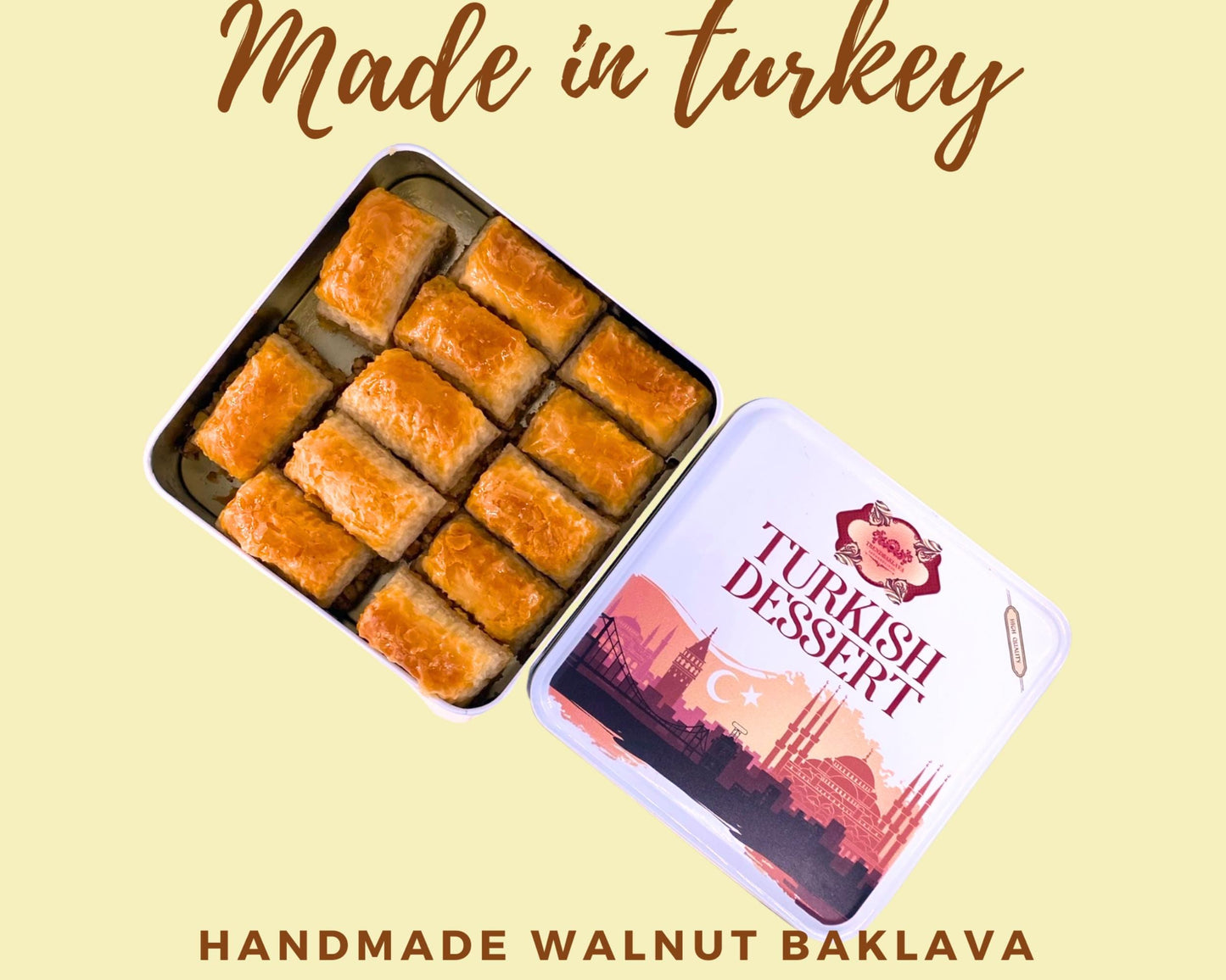Trend Baklava Premium Walnut Baklava Tin Box, Handmade Turkish Dessert, Layered & Rich in Flavor, Authentic Middle Eastern Sweet Gift Box