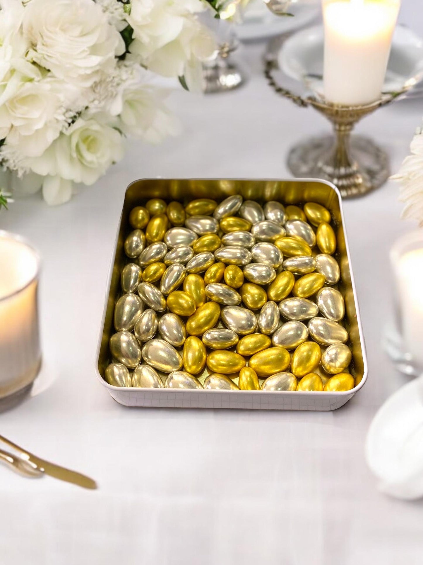 Jordan Almond Dragee Wedding Favor, Elegant Silver & Gold  Chocolate Covered Almonds, Fresh Delicious Almond Dragees, Easter Candy Gift Box