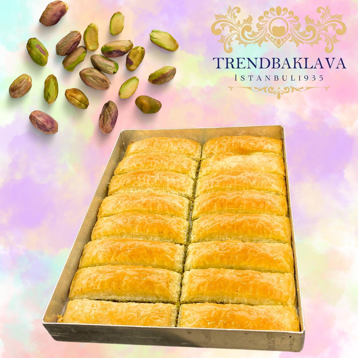Low Sugar Pistachio Turkish Baklava, Crispy Gofret Style Baklava, Handmade Turkish Dessert, Light Syrup, 16 Pieces Tray, Trend Baklava Tray