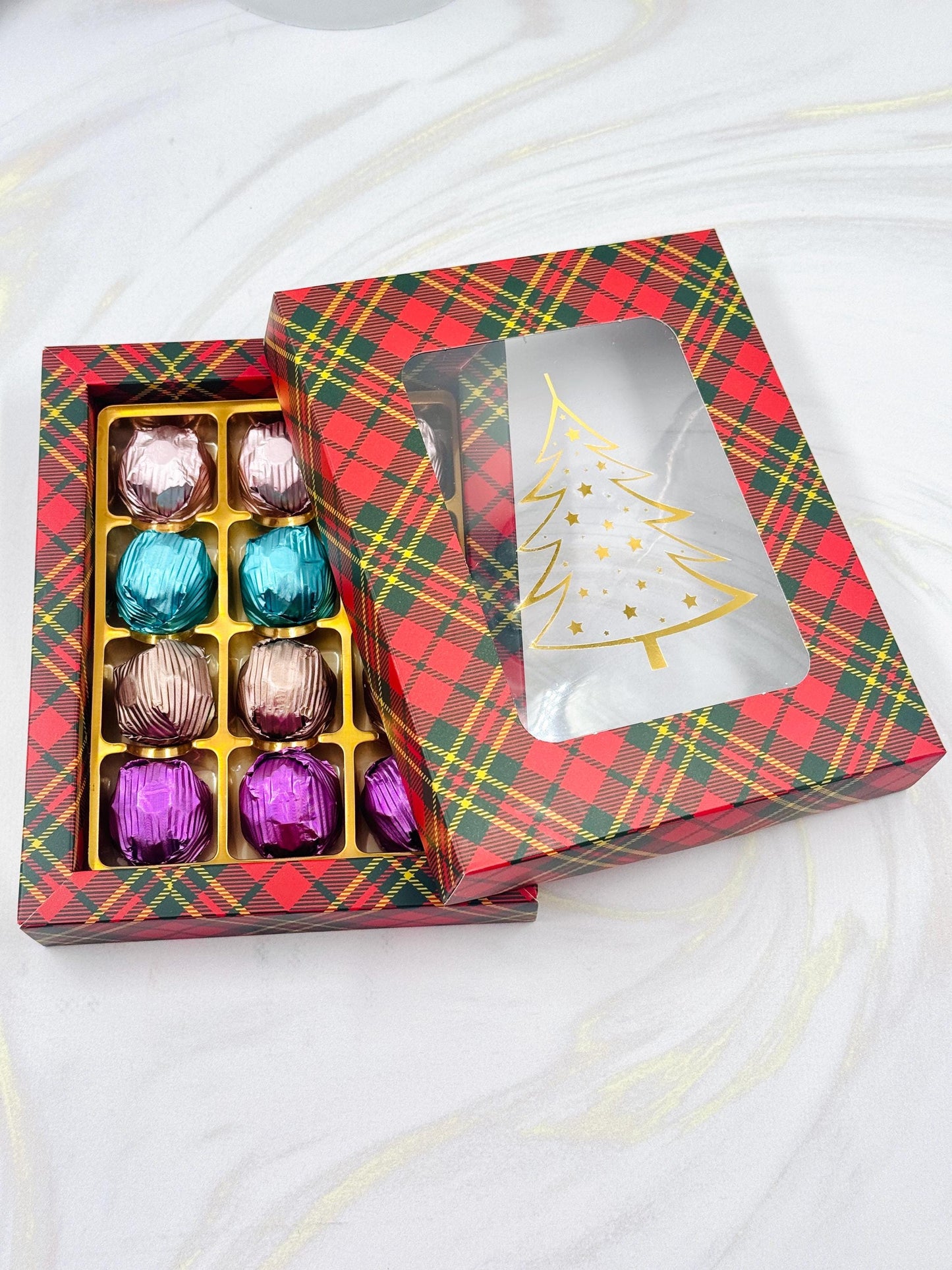 Mother’s Day Chocolate Gift Red Box, Birthday Chocolate, Purple, Blue, Pink, Bronze Milk Chocolates Folied With Rich Hazelnut, 12 Piece