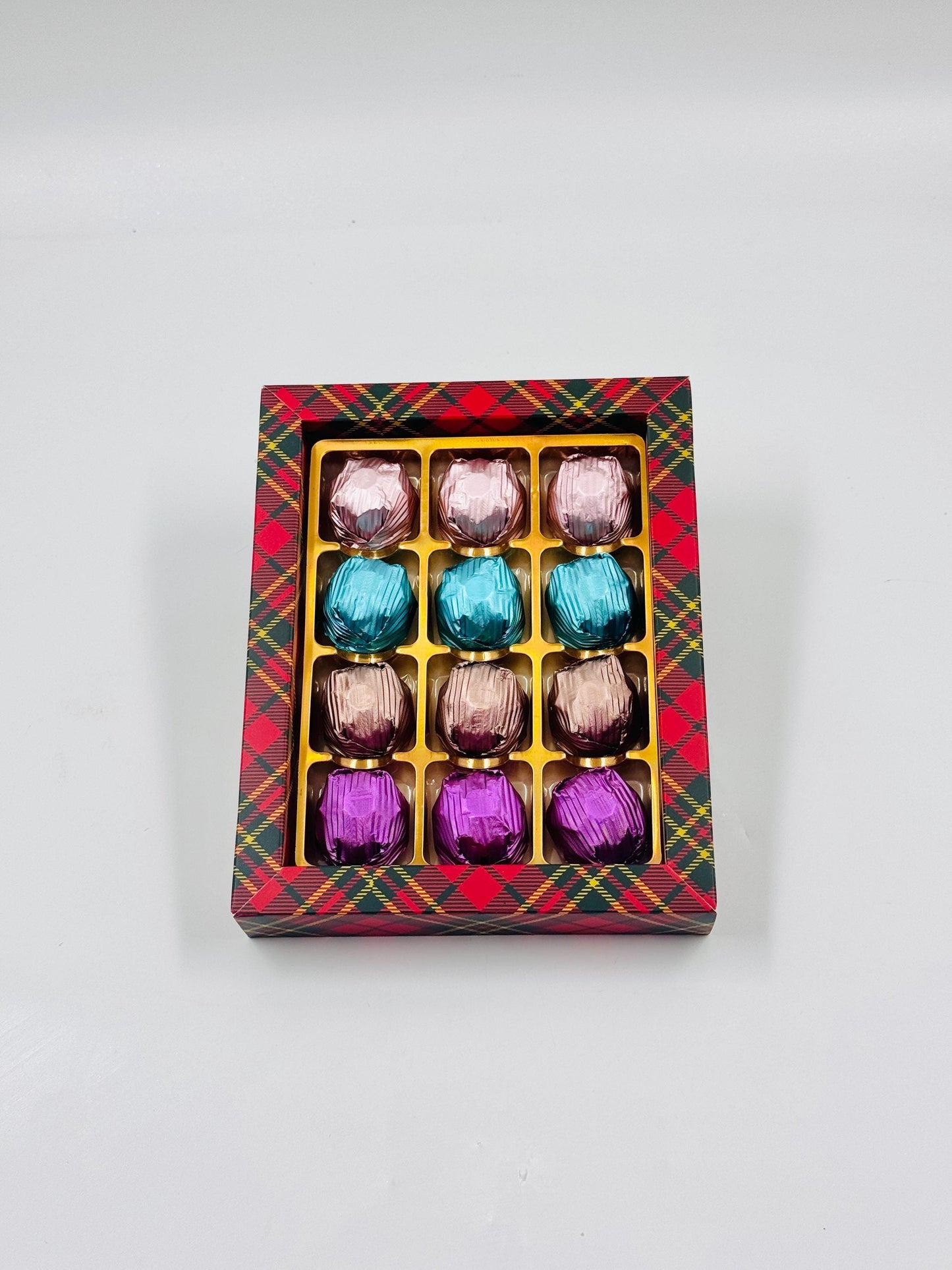 Mother’s Day Chocolate Gift Red Box, Birthday Chocolate, Purple, Blue, Pink, Bronze Milk Chocolates Folied With Rich Hazelnut, 12 Piece