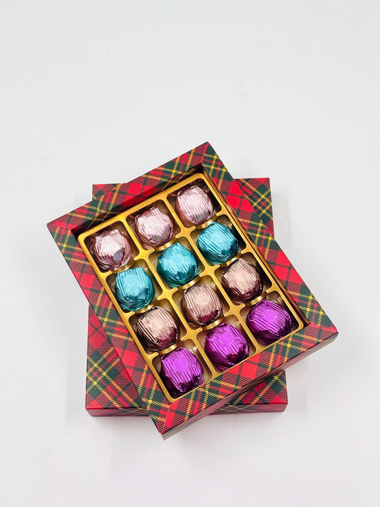 Mother’s Day Chocolate Gift Red Box, Birthday Chocolate, Purple, Blue, Pink, Bronze Milk Chocolates Folied With Rich Hazelnut, 12 Piece