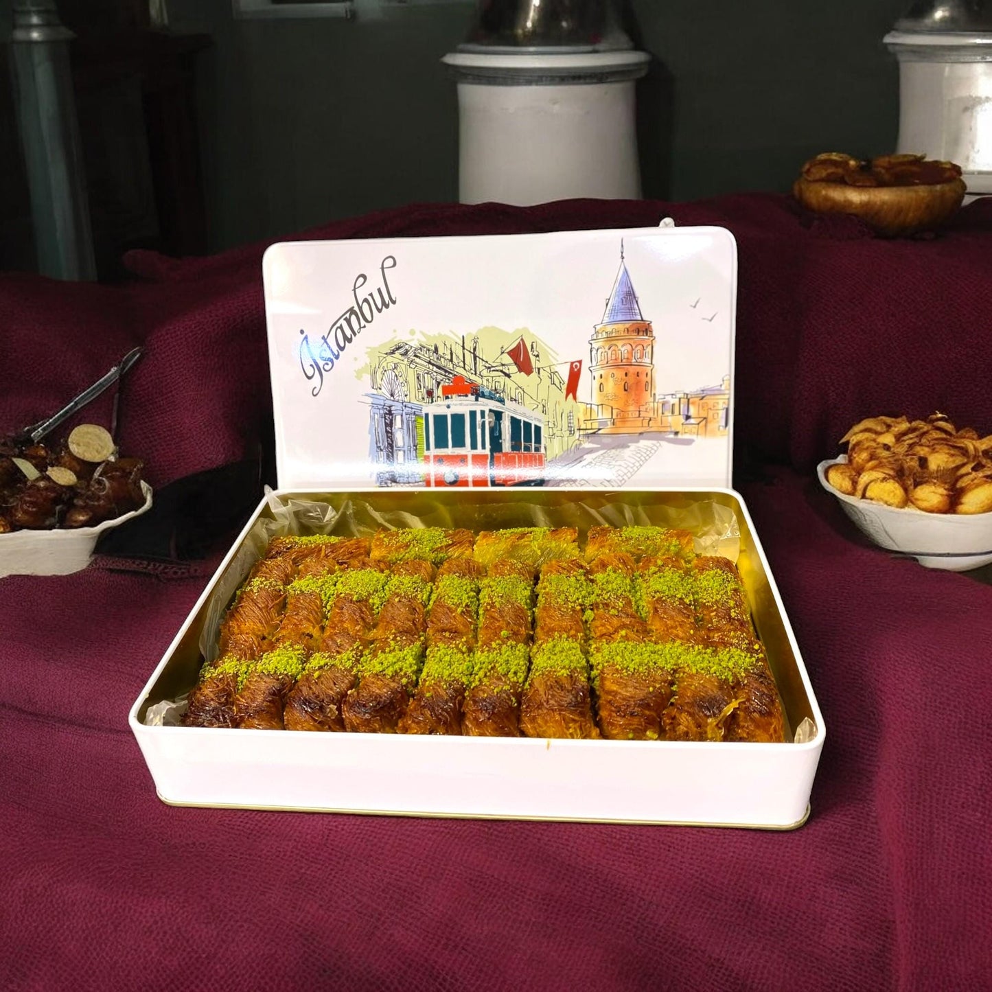 Turkish Pistachio Knafah, Turkish Pistachio Kadayif, Handmade Pistachio Knafah, Food Theme Gift, Dessert Box, Turkish Mixed  Dessert Tin Box
