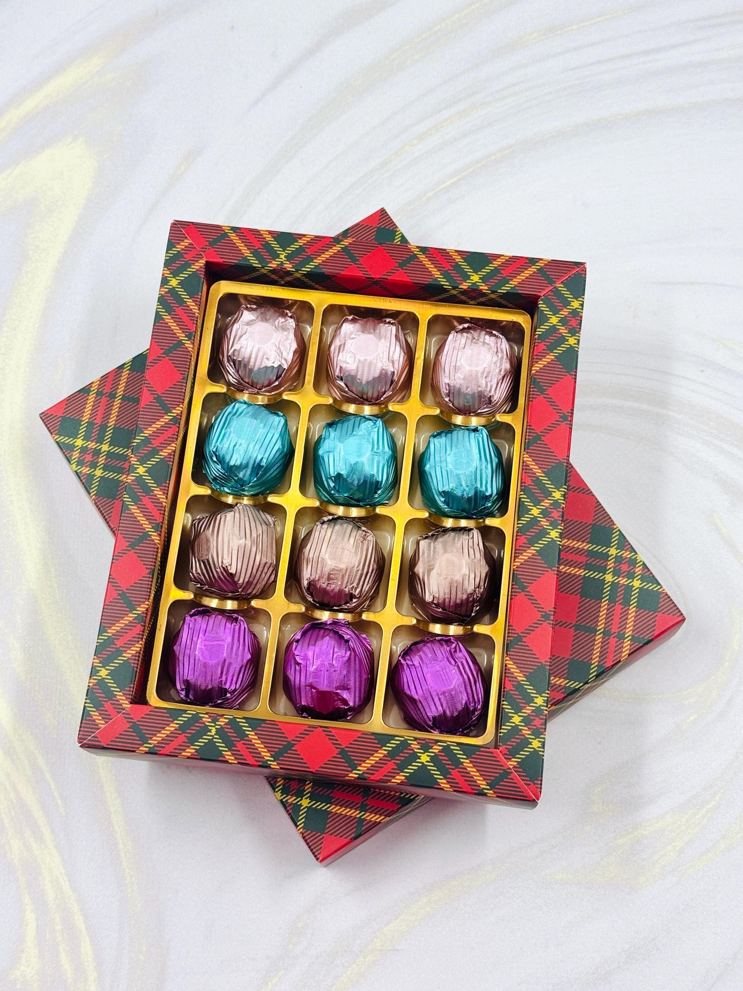 Mother’s Day Chocolate Gift Red Box, Birthday Chocolate, Purple, Blue, Pink, Bronze Milk Chocolates Folied With Rich Hazelnut, 12 Piece