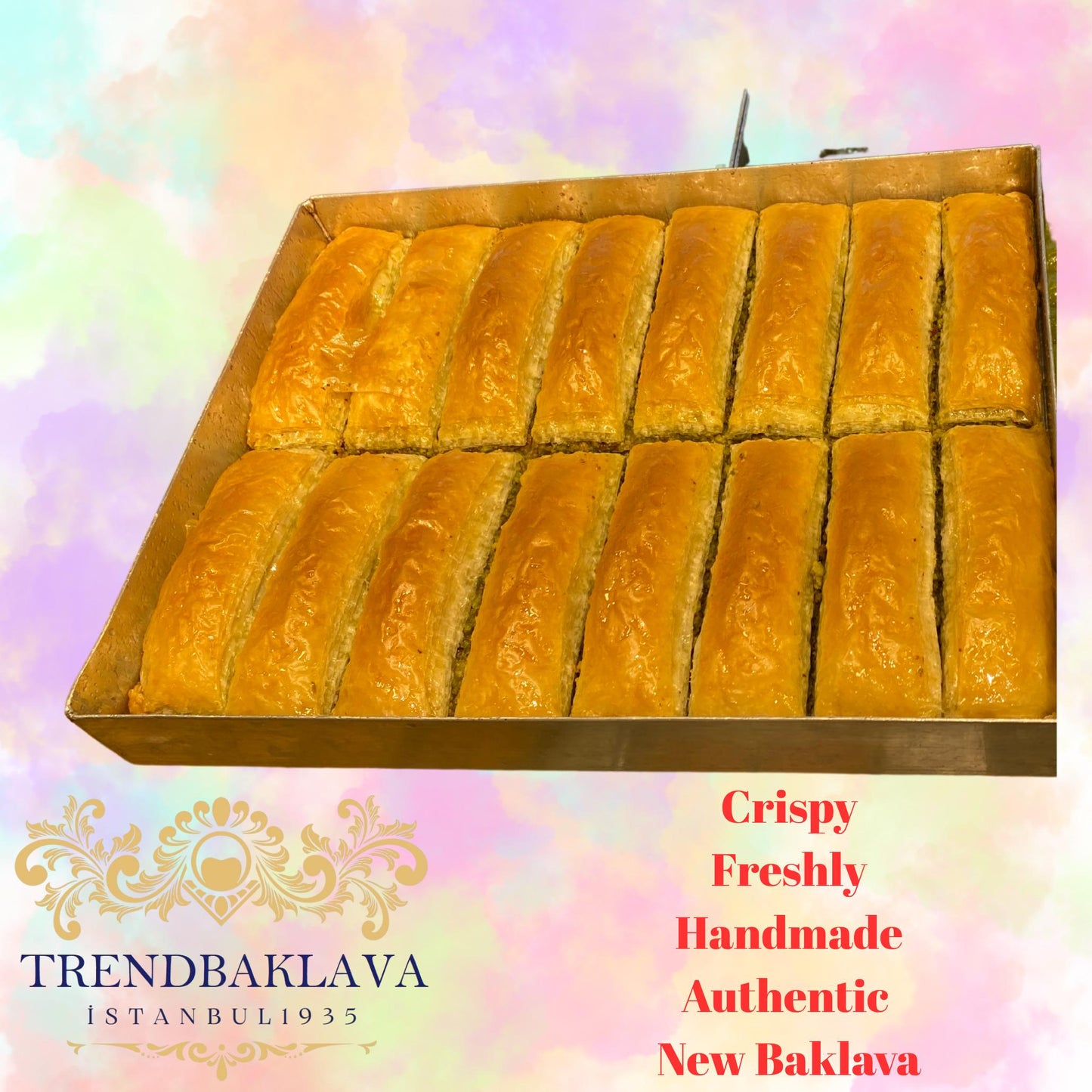 Low Sugar Pistachio Turkish Baklava, Crispy Gofret Style Baklava, Handmade Turkish Dessert, Light Syrup, 16 Pieces Tray, Trend Baklava Tray