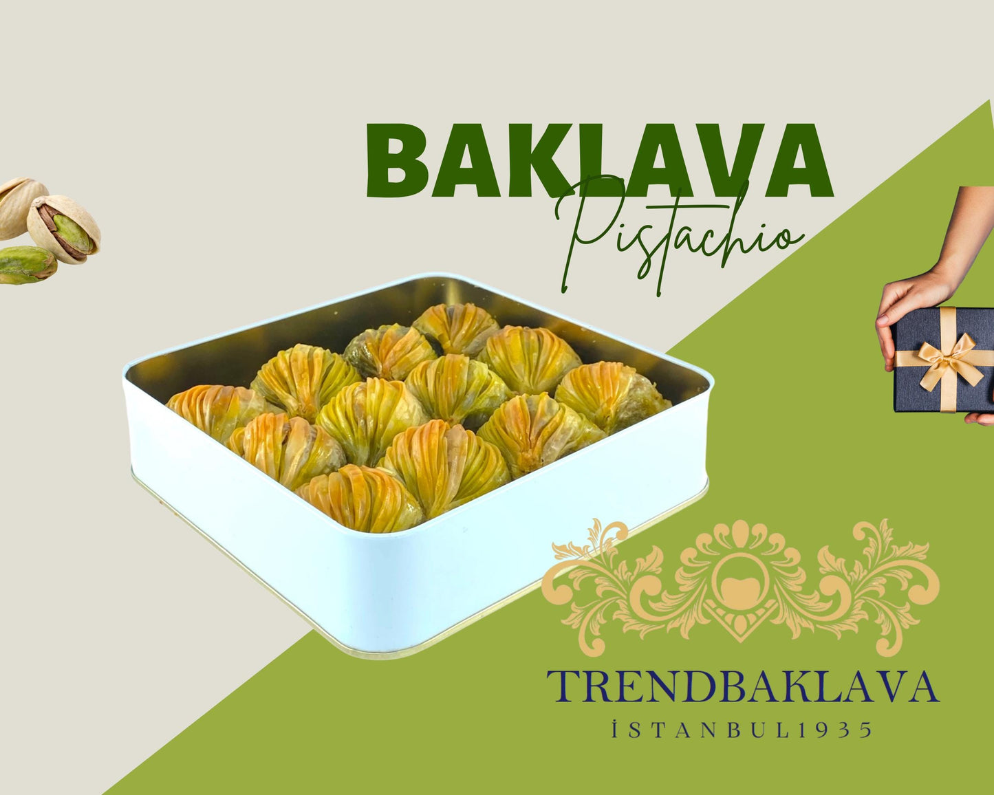 Turkish Baklava Pistachio Cream Gift Tin Box, Homemade Pistachio Baklava, Turkish Dessert, Handmade Baklava Box, Mediterranean Desserts