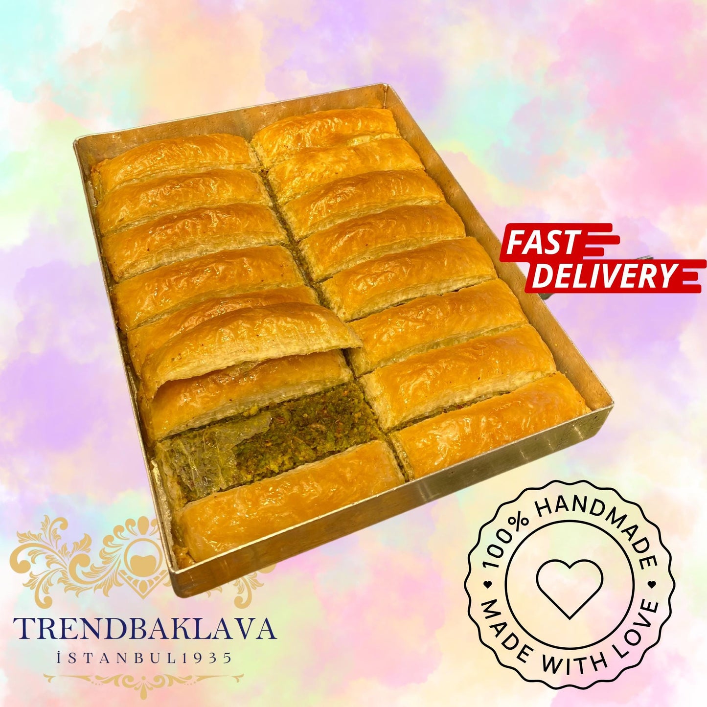 Low Sugar Pistachio Turkish Baklava, Crispy Gofret Style Baklava, Handmade Turkish Dessert, Light Syrup, 16 Pieces Tray, Trend Baklava Tray