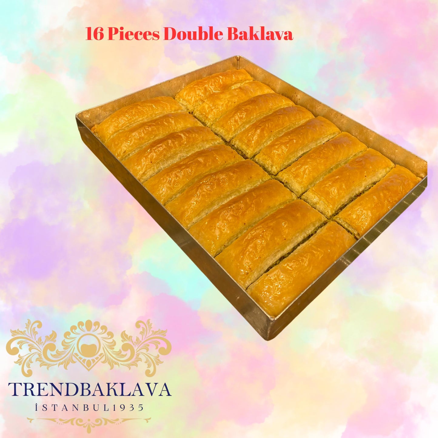 Low Sugar Pistachio Turkish Baklava, Crispy Gofret Style Baklava, Handmade Turkish Dessert, Light Syrup, 16 Pieces Tray, Trend Baklava Tray
