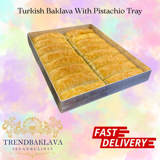 Low Sugar Pistachio Turkish Baklava, Crispy Gofret Style Baklava, Handmade Turkish Dessert, Light Syrup, 16 Pieces Tray, Trend Baklava Tray