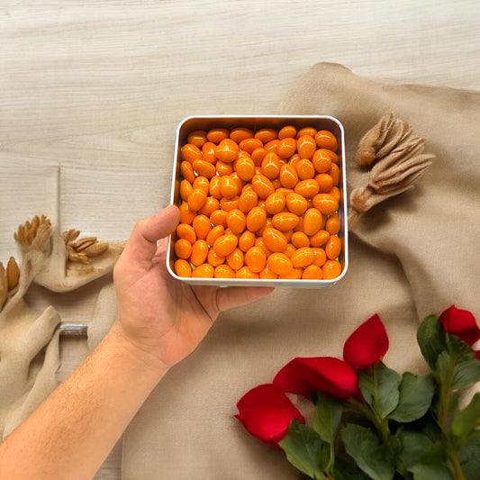 Orange Almond Dragee Box, Chocolate Covered Almonds Dragees Box, Dessert Chocolate, Almond Dragee, Gourmet Gift Basket, Food Theme Gift