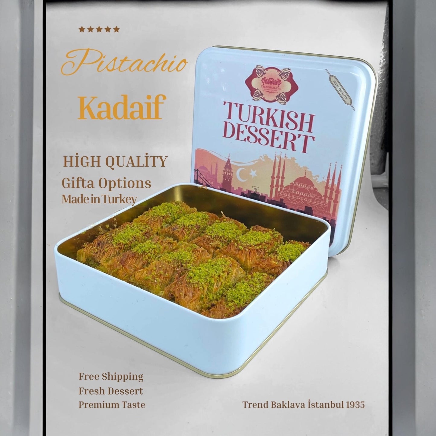 Turkish Pistachio Knafah, Turkish Pistachio Kadayif, Handmade Pistachio Knafah, Food Theme Gift, Dessert Box, Turkish Mixed  Dessert Tin Box