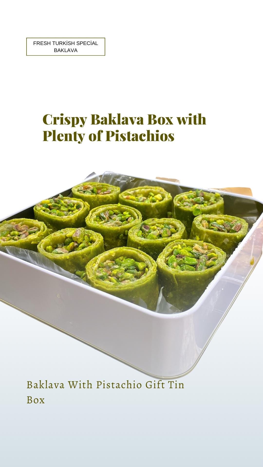Turkish Baklava With Pistachio, Thin Dough with Lots of Pistachios Baklava Custom Tin Gift Box, Delicious Pistachio Dessert Gourmet Basket